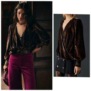 NWT Anthropologie Velvet Wrap Blouse Black Motif Multicolor 3X